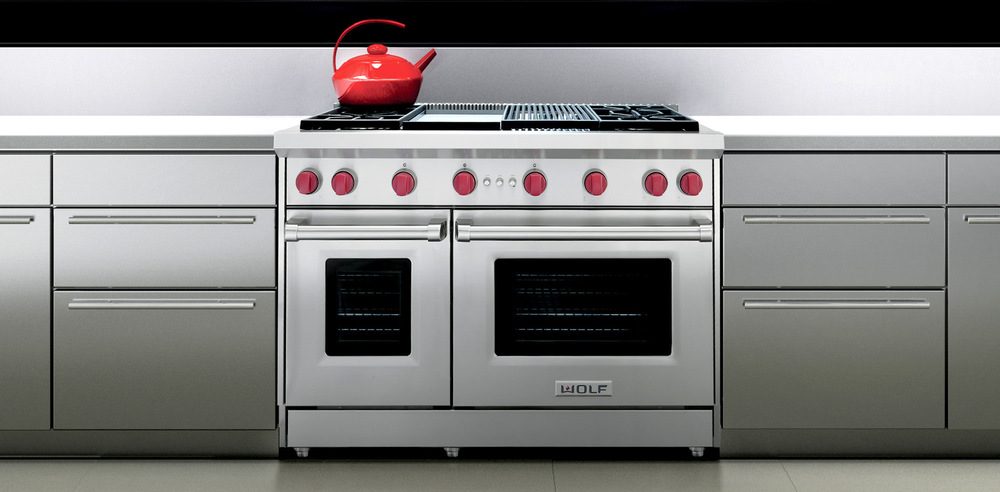 Wolf 48 inch dual fuel range with 4 burners and dual infrared griddles